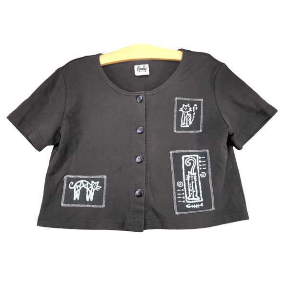 Tapestry Women's Petite Button Front Top Short Sleeve Black Patches Cat - Picture 1 of 12